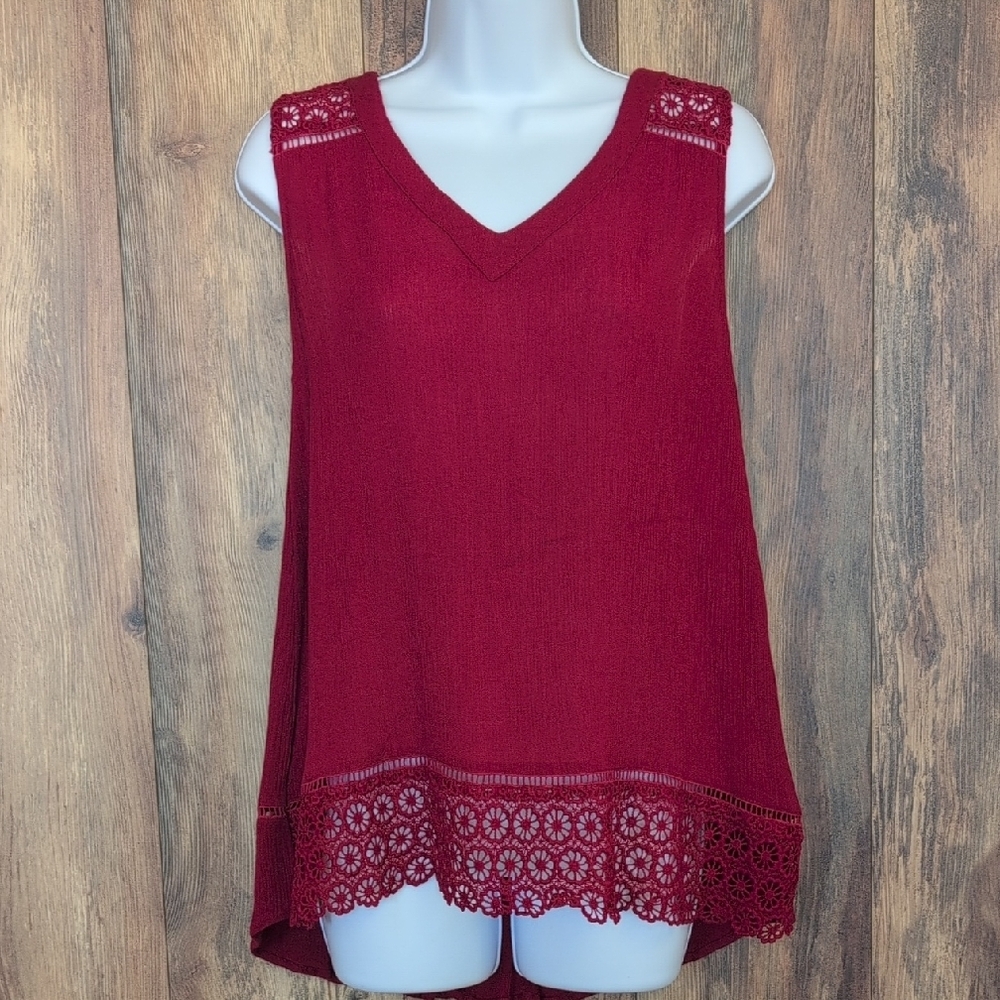 Doe & Rae Burgundy Lace Trim Tank Top Small L115